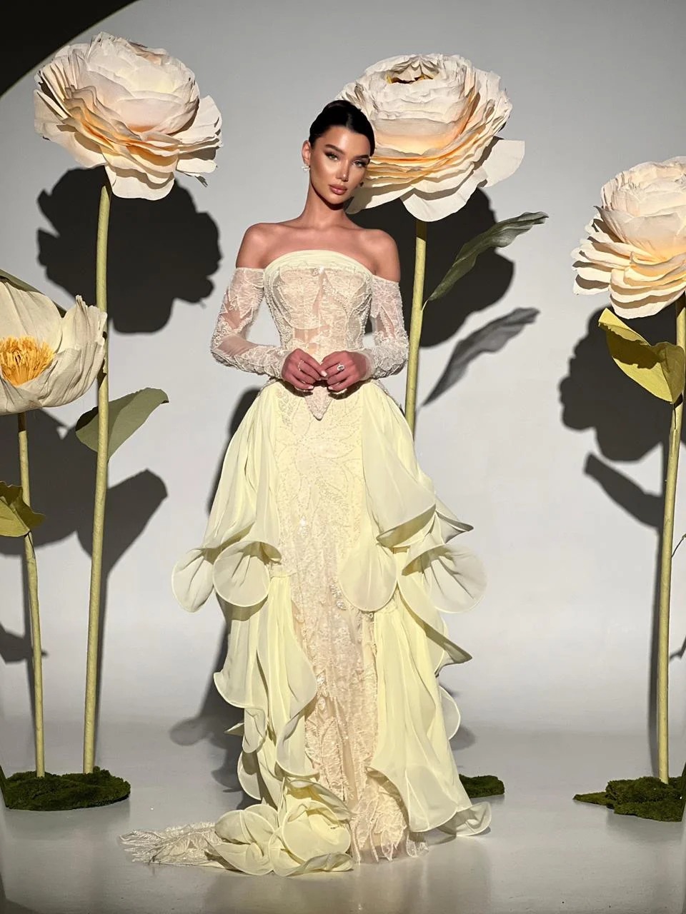 Yellow Waves With Ebroidery Maxi Dress