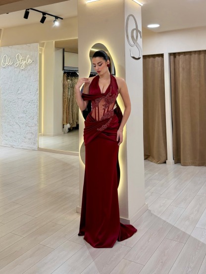 Burgundy Velvet Prom Dress with Sheer Corset Detail