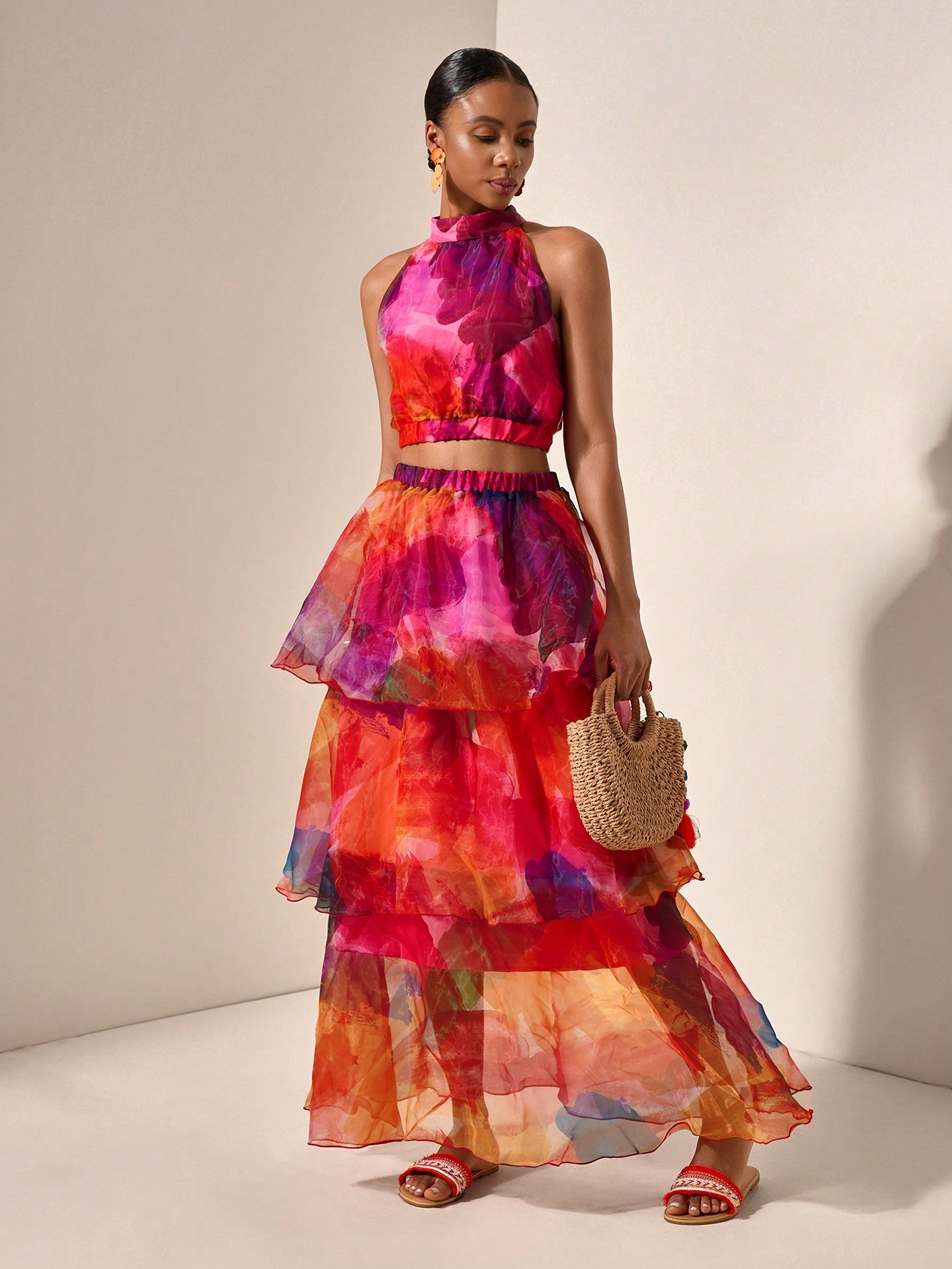 2Pcs Tie-Dye Halter Top with Layered Ruffle Skirt