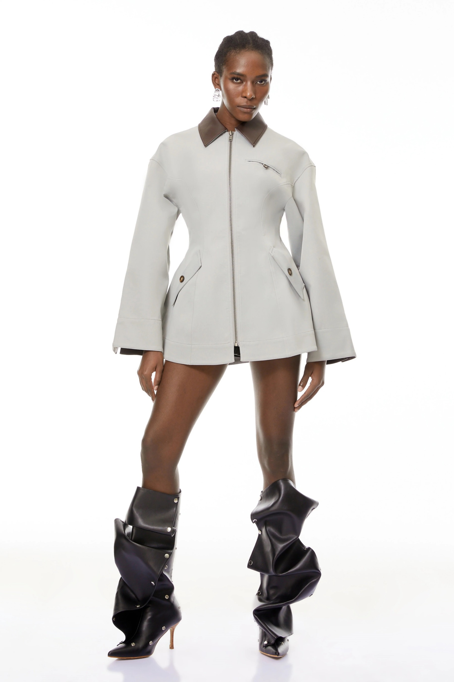 Vilma Grey Leather Collar Hunting Jacket