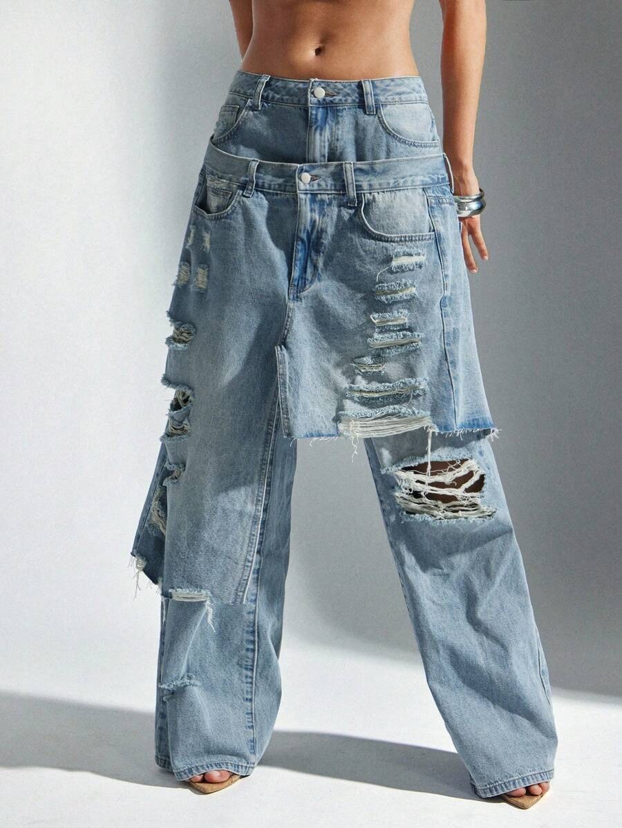 Baggy Fit Distressed Frayed Hem Overlapping Denim Jeans