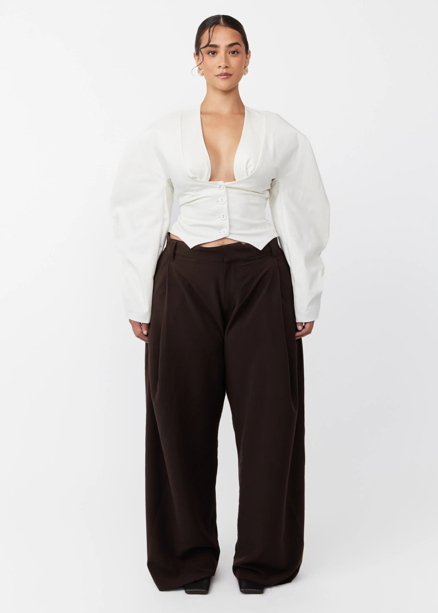 White Puff-Sleeved Belted Top