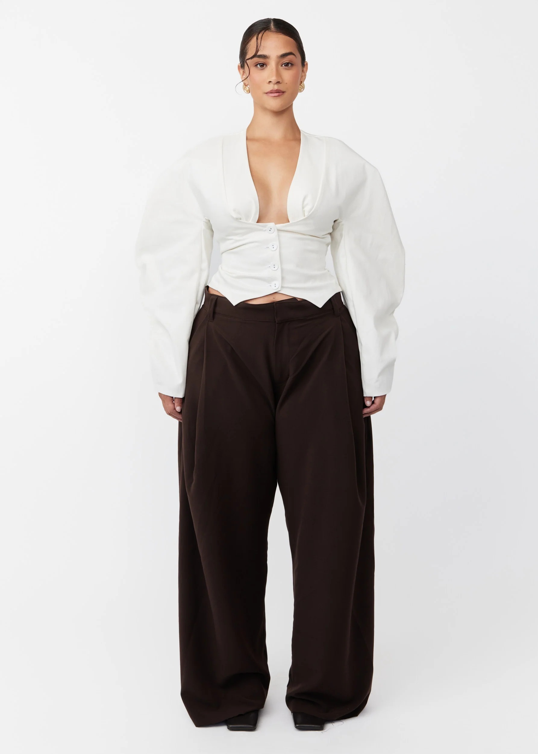 White Puff-Sleeved Belted Top