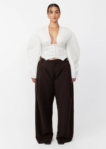 White Puff-Sleeved Belted Top