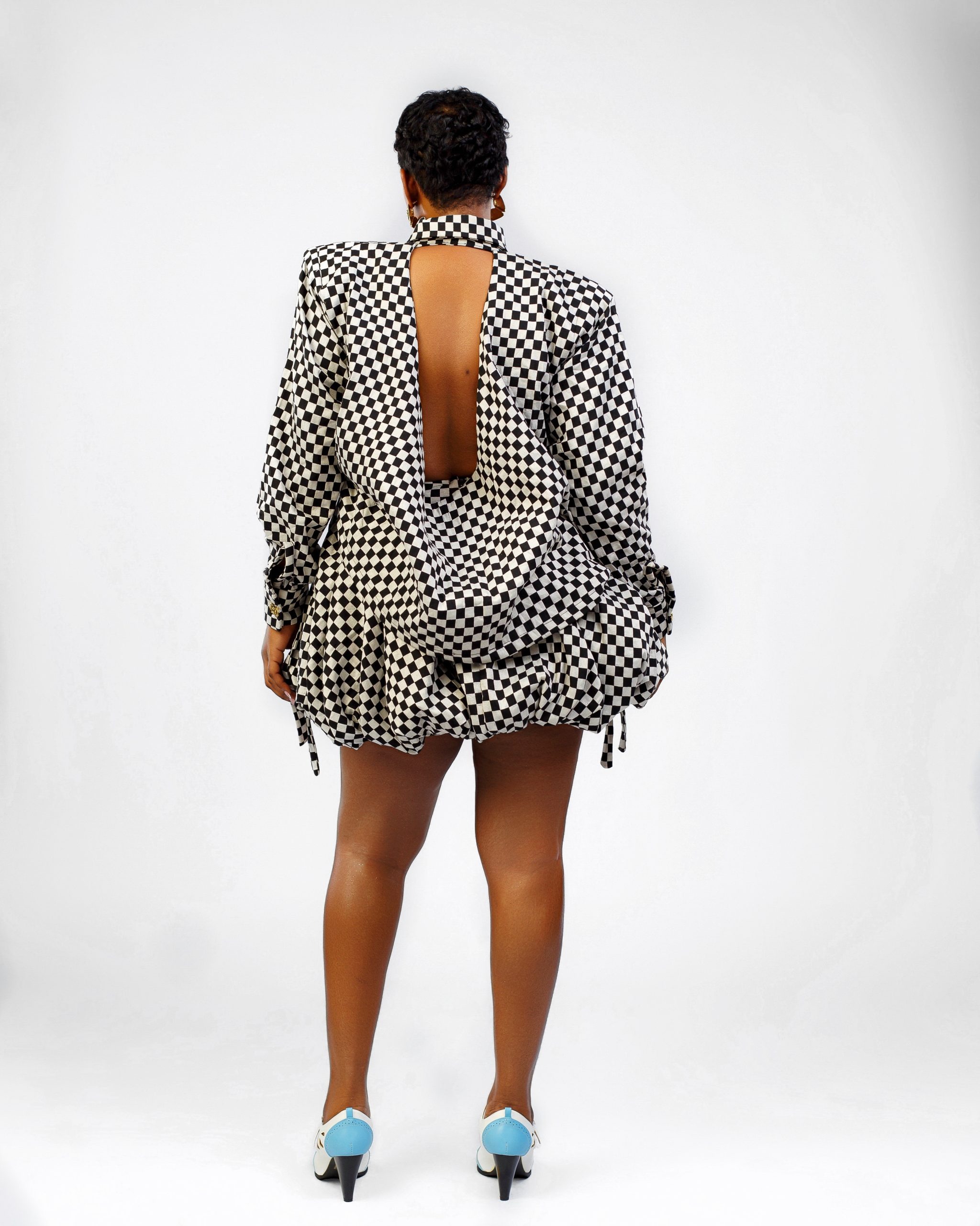 Black & White Plaid Draped Backless Shirt & Mini Bubble Skirt Two Piece Set