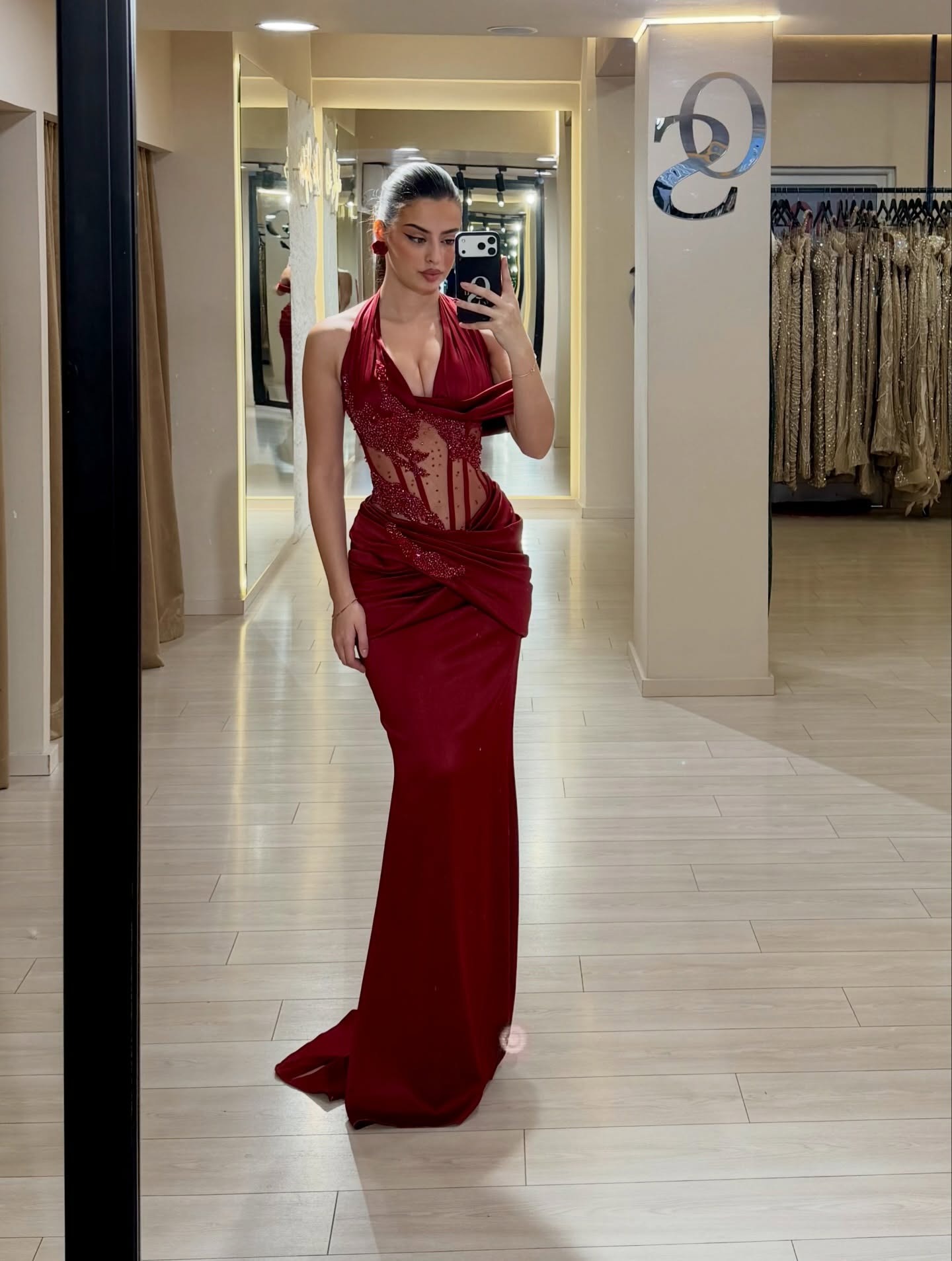 Burgundy Velvet Prom Dress with Sheer Corset Detail