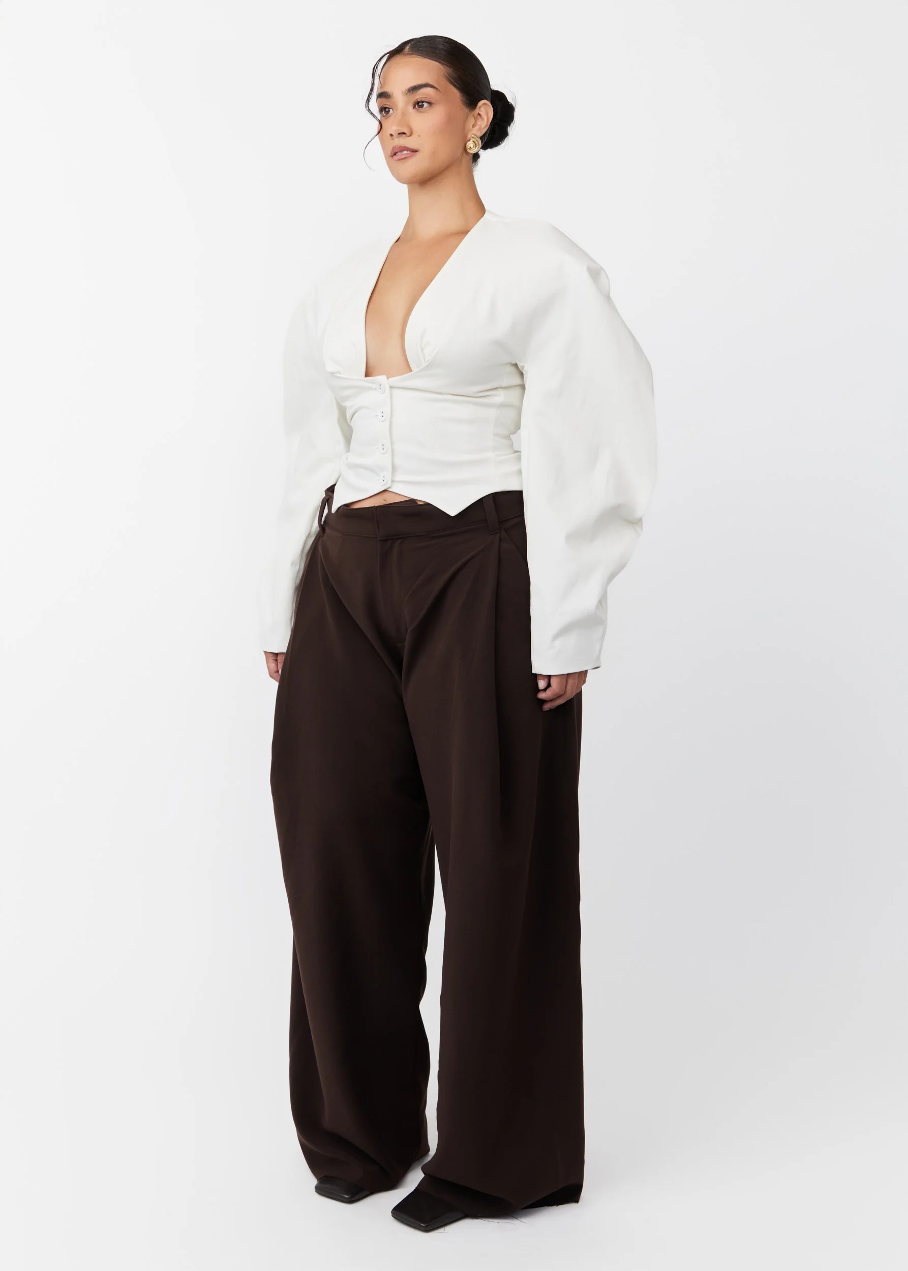 White Puff-Sleeved Belted Top