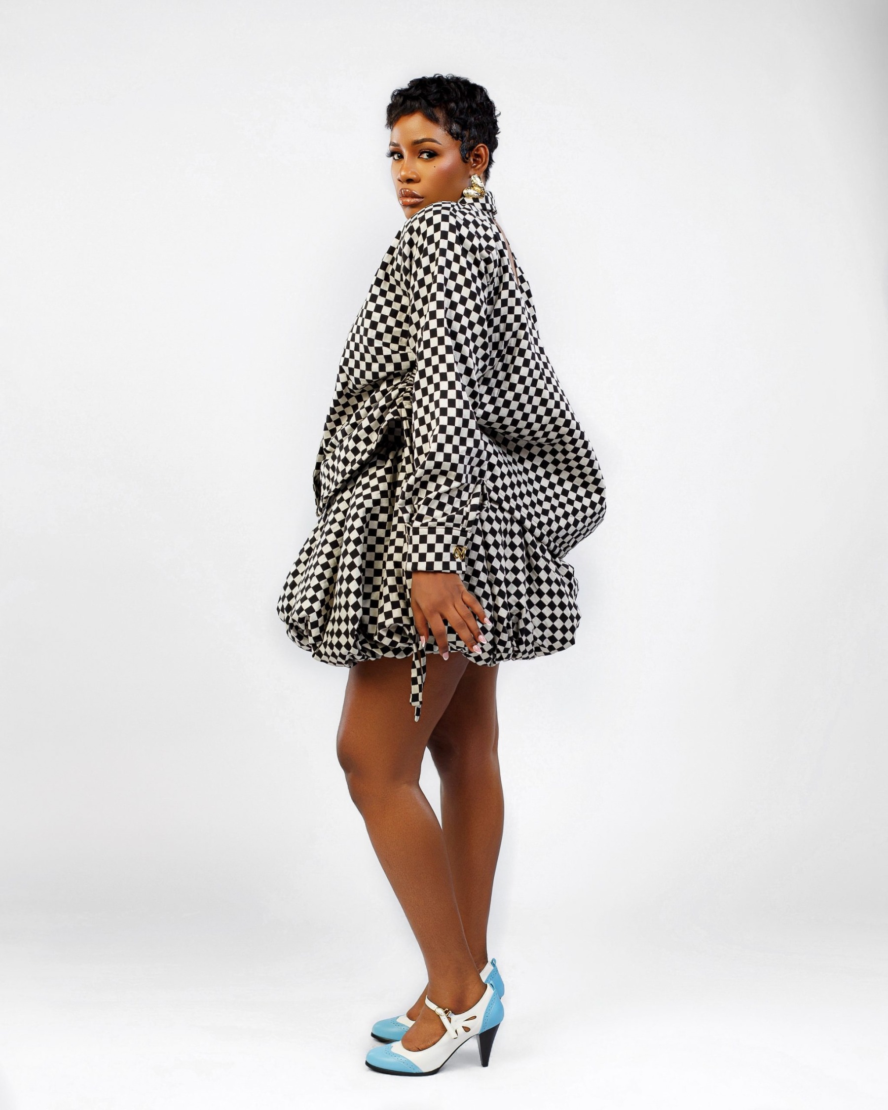 Black & White Plaid Draped Backless Shirt & Mini Bubble Skirt Two Piece Set