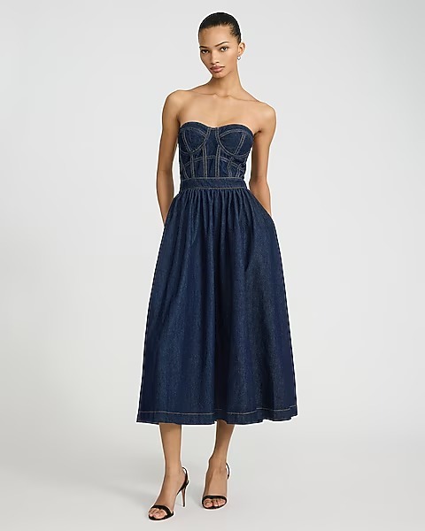 Denim Strapless Sweetheart Corset Midi Dress with Pockets