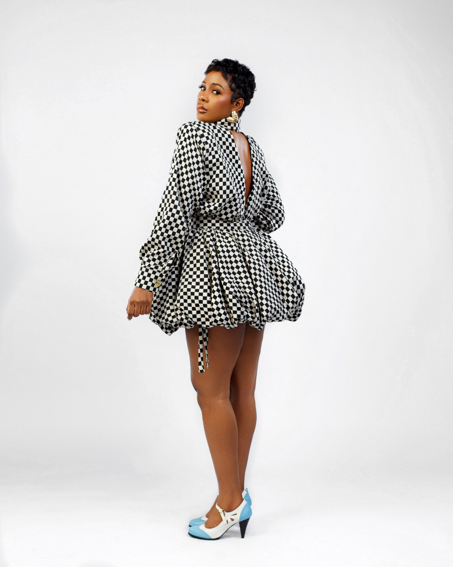 Black & White Plaid Draped Backless Shirt & Mini Bubble Skirt Two Piece Set