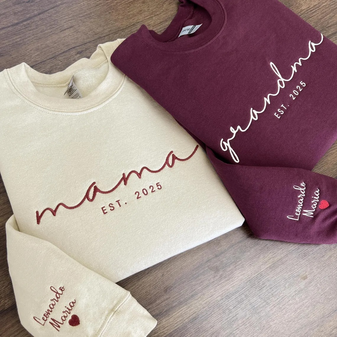 Custom Mama Est Year Embroidered Sweatshirt With Kid's Names On Sleeve & Heart