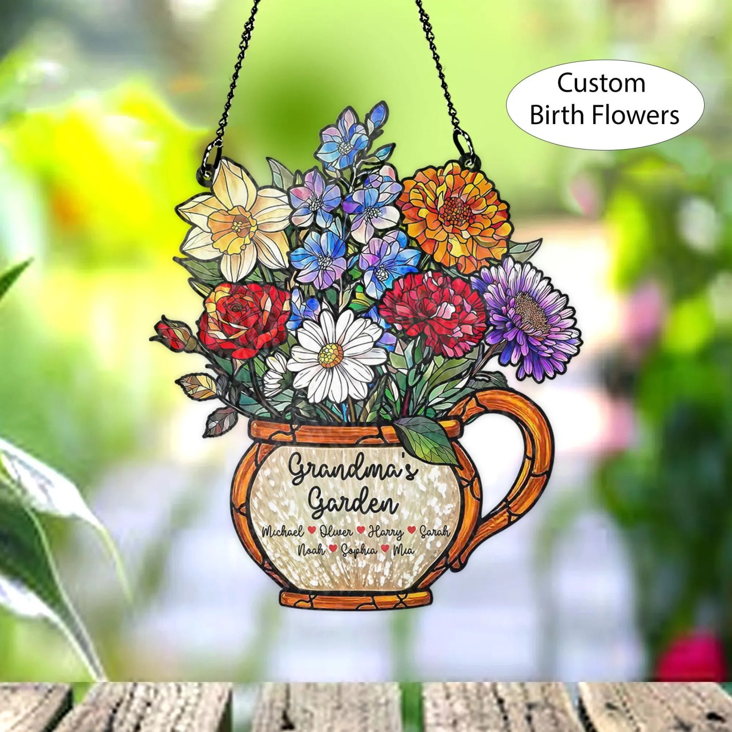 Personalized Grandma's Garden Suncatcher Birth Month Flower Stained Glass Acrylic Window Hanging
