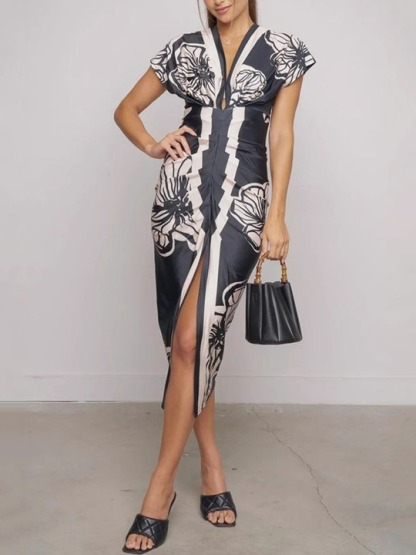Women Floral Printed V-neck Ruched Sheath Midi Dress