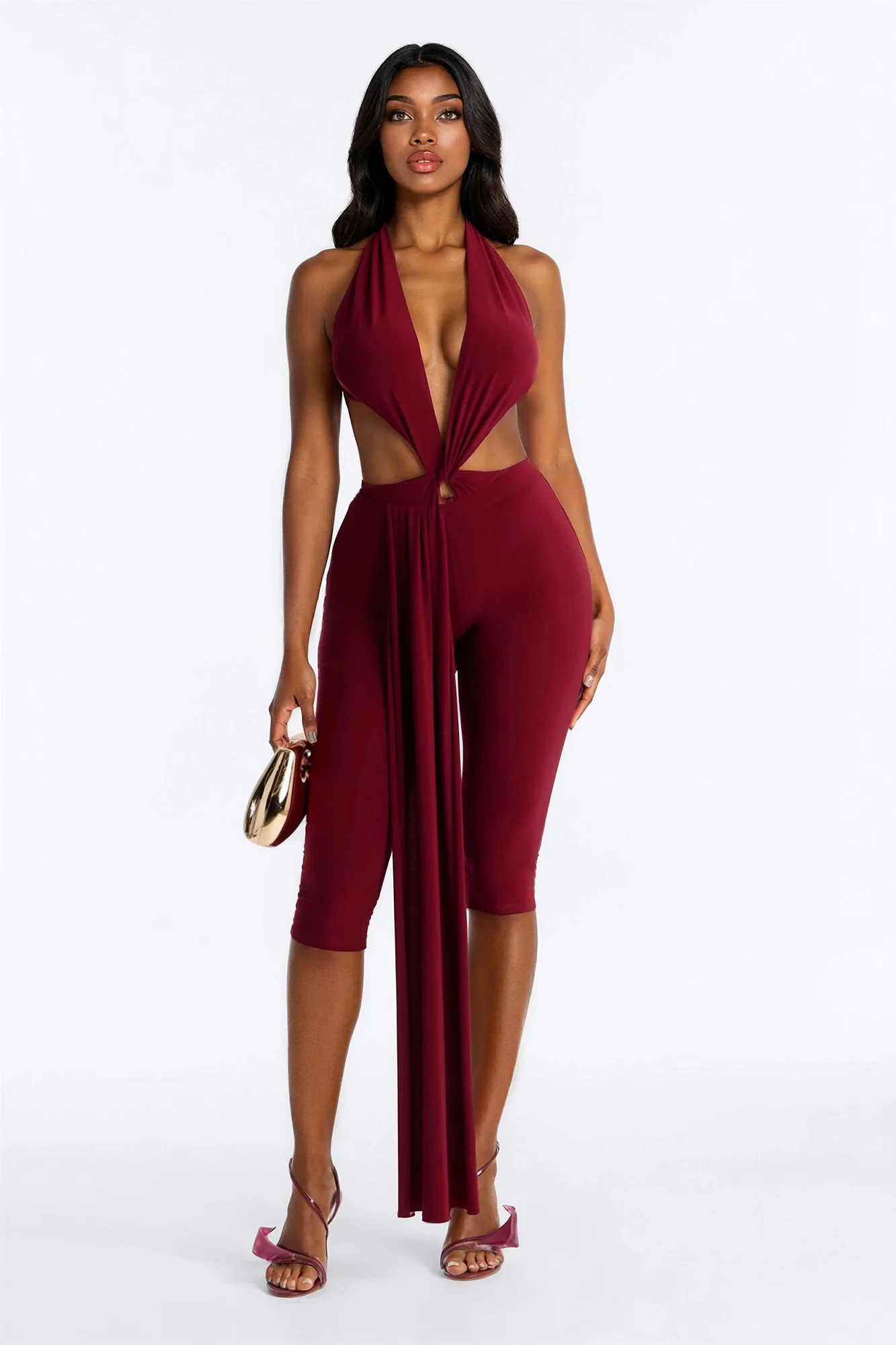Alicia Backless Halter Capri Set - Burgundy