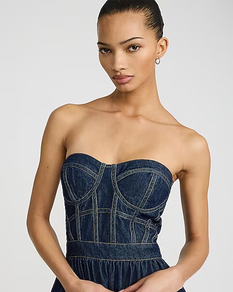 Denim Strapless Sweetheart Corset Midi Dress with Pockets
