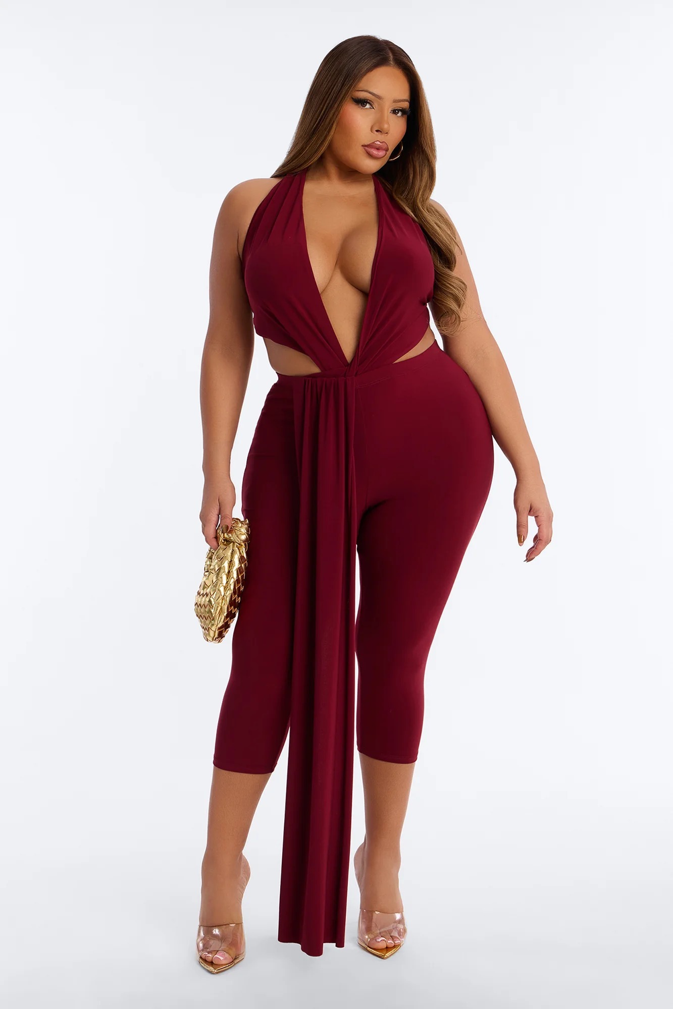 Alicia Backless Halter Capri Set - Burgundy