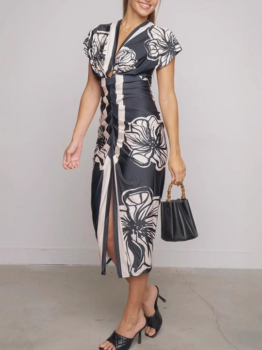 Women Floral Printed V-neck Ruched Sheath Midi Dress