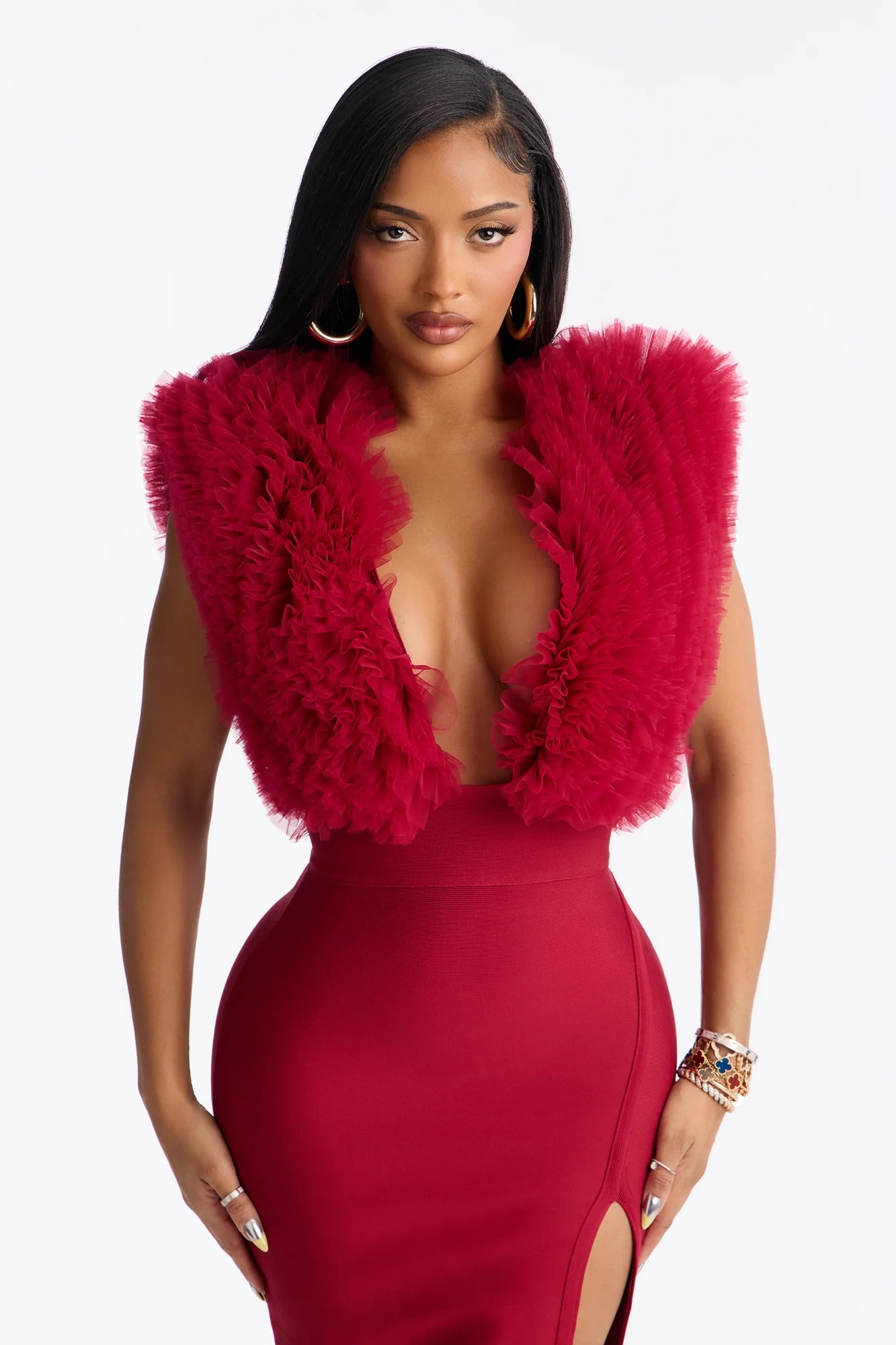 Wine Bandage Fluff Midi Dress