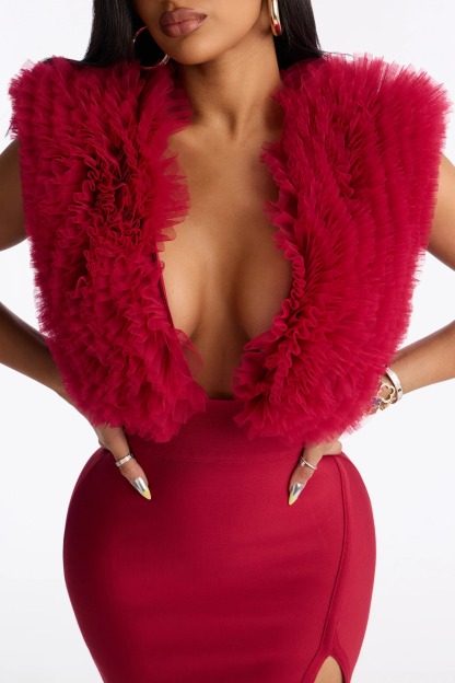 Wine Bandage Fluff Midi Dress