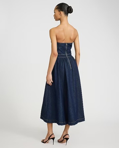 Denim Strapless Sweetheart Corset Midi Dress with Pockets