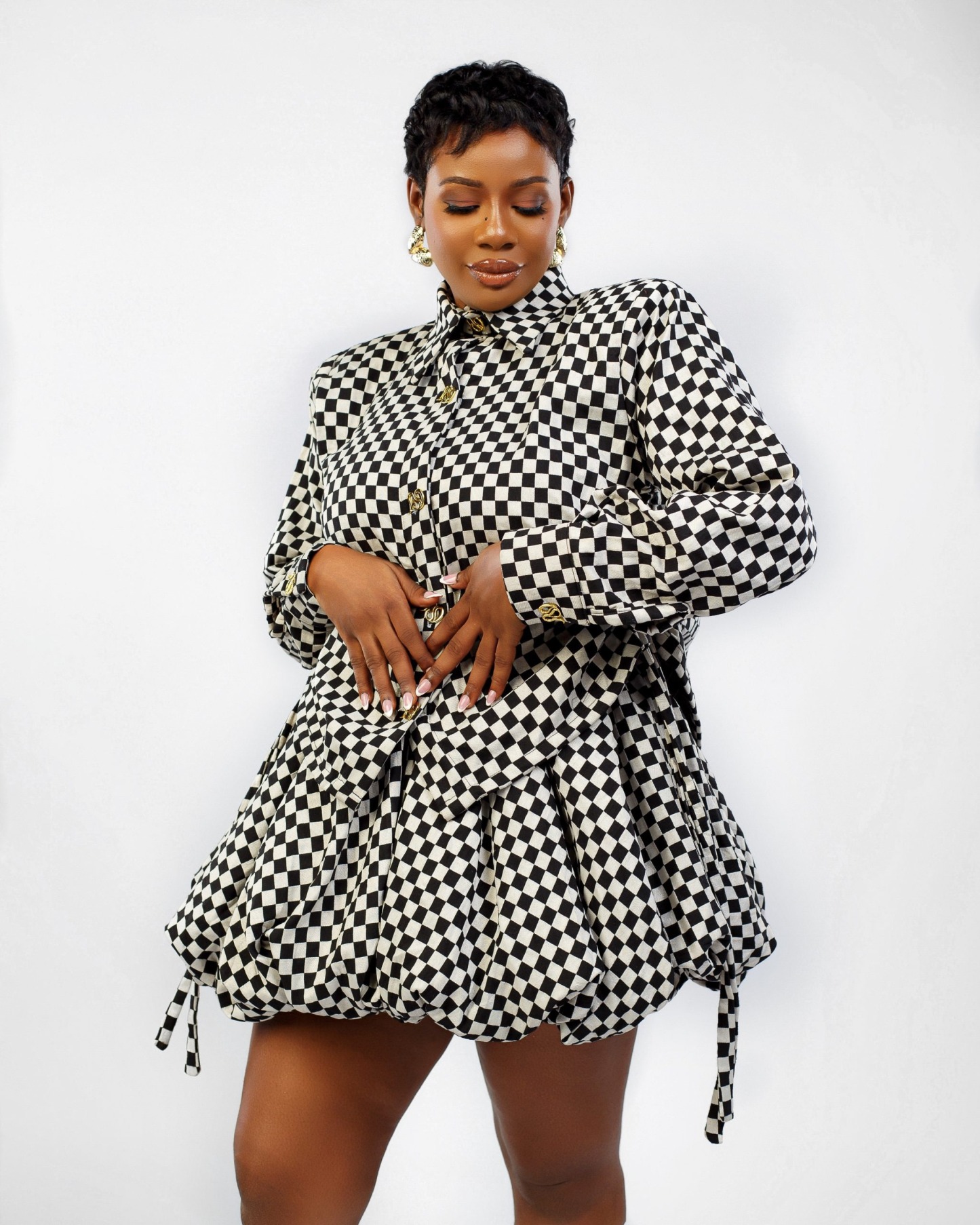Black & White Plaid Draped Backless Shirt & Mini Bubble Skirt Two Piece Set