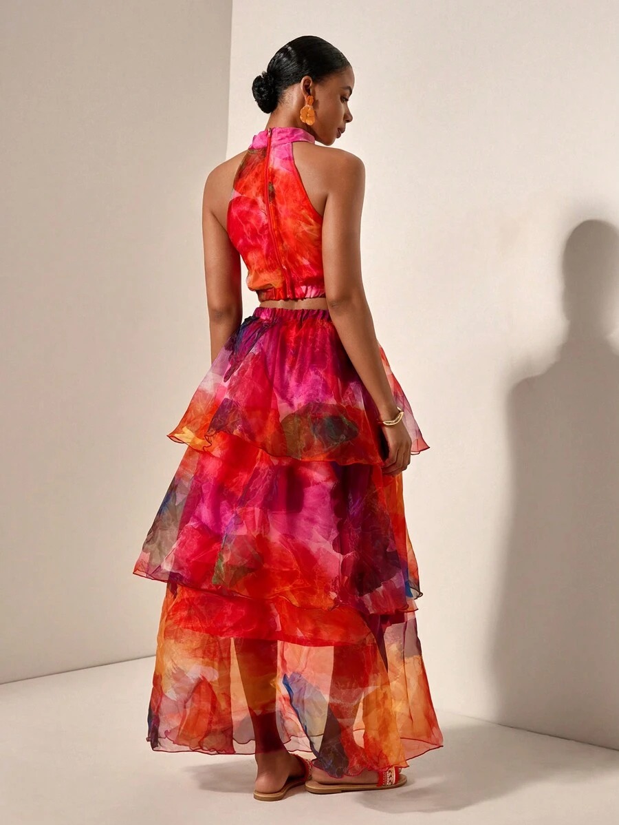 2Pcs Tie-Dye Halter Top with Layered Ruffle Skirt