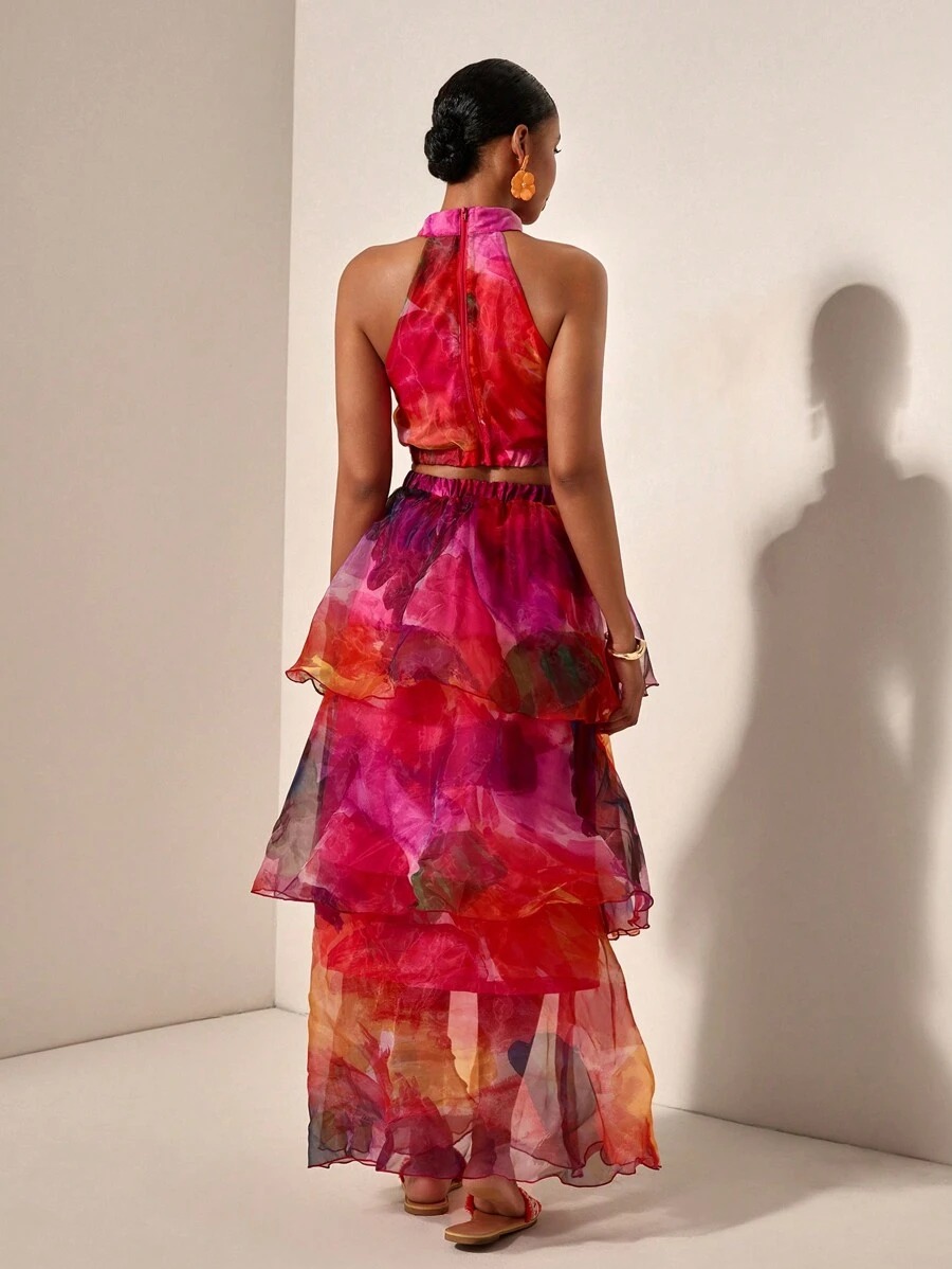 2Pcs Tie-Dye Halter Top with Layered Ruffle Skirt