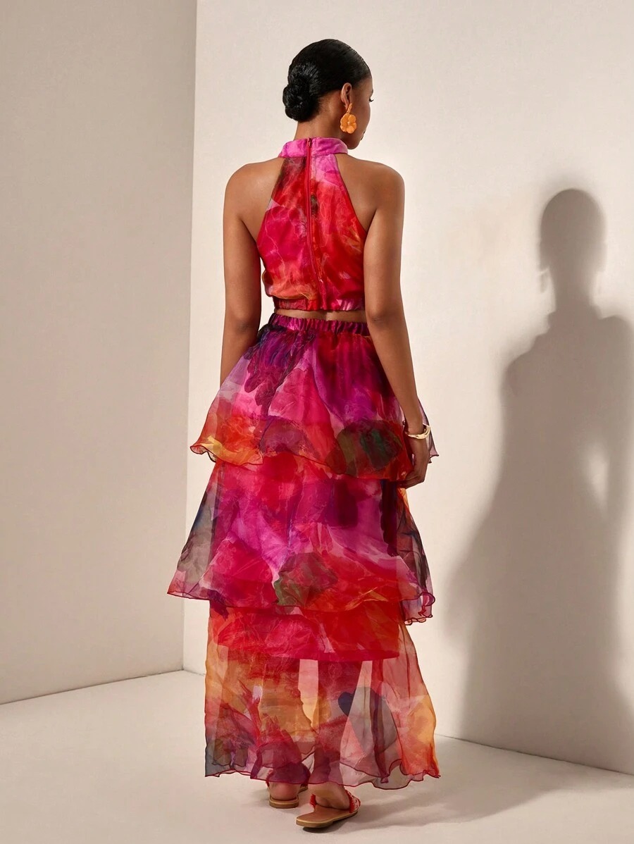 2Pcs Tie-Dye Halter Top with Layered Ruffle Skirt
