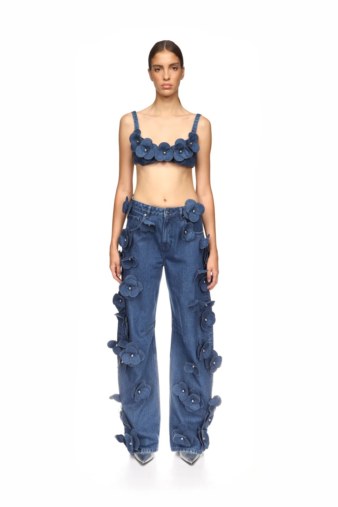 3D Flower Denim Suit - Bra Jeans & Jacket