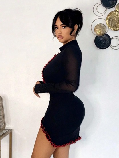 Women Mini Long Sleeve Hollow Design Casual Dress