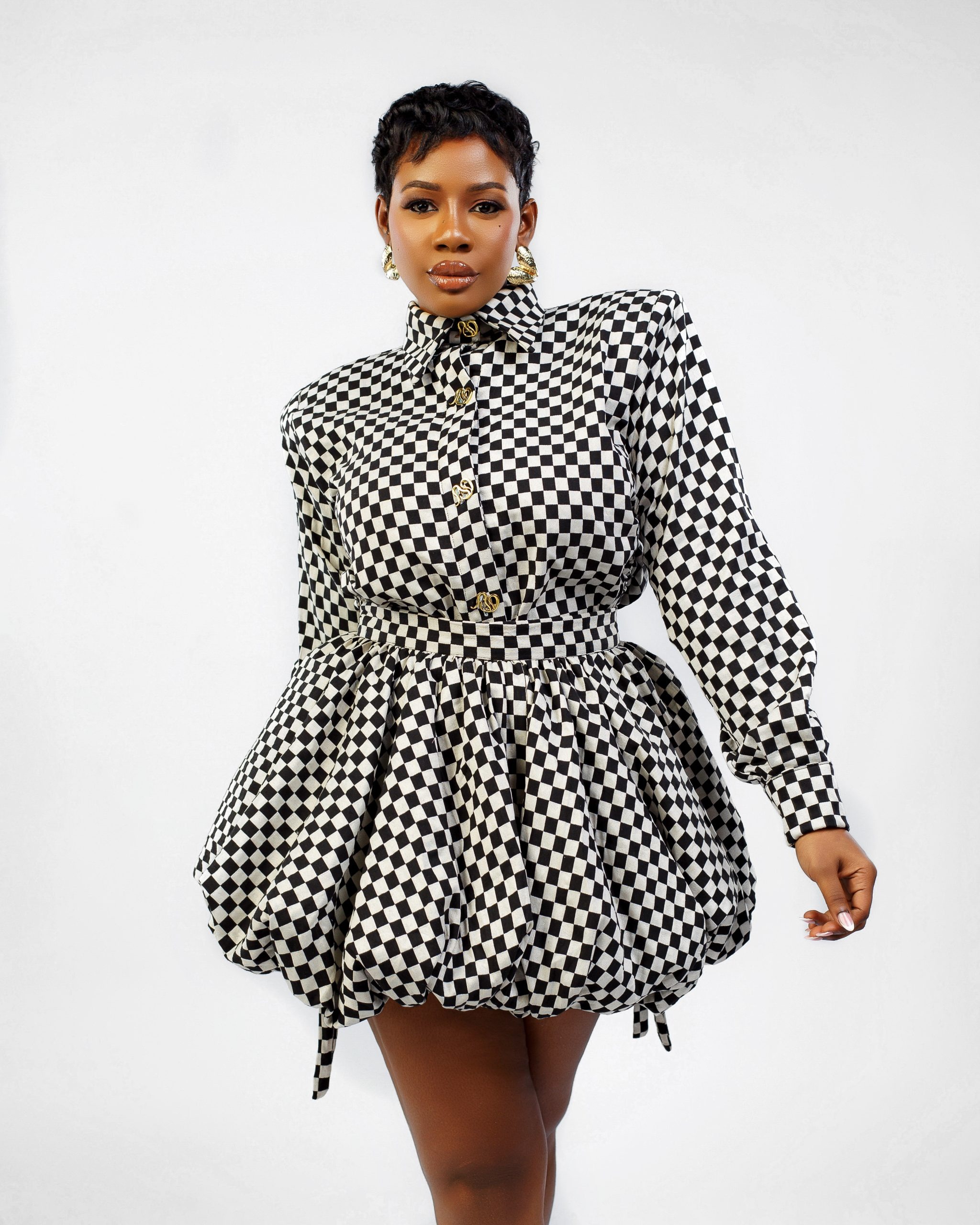 Black & White Plaid Draped Backless Shirt & Mini Bubble Skirt Two Piece Set