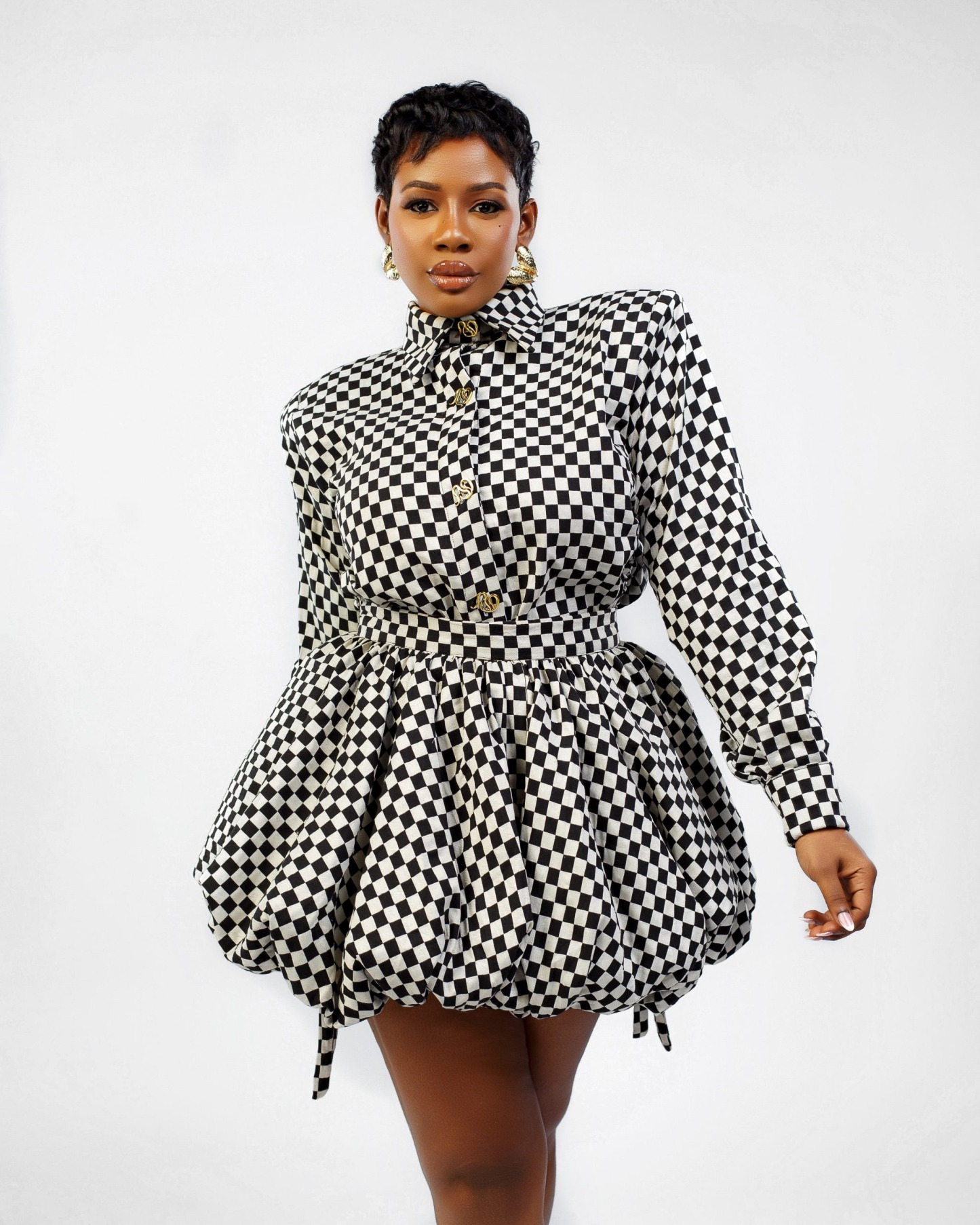 Black & White Plaid Draped Backless Shirt & Mini Bubble Skirt Two Piece Set