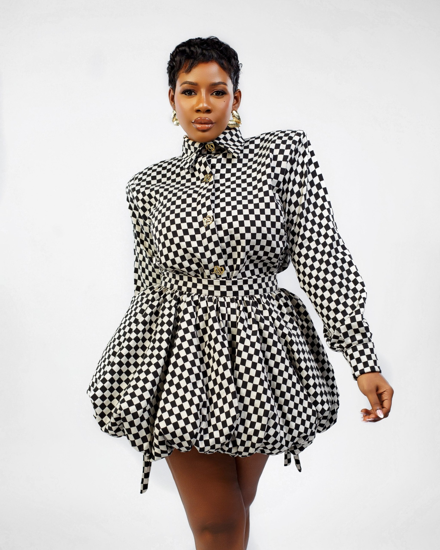 Black & White Plaid Draped Backless Shirt & Mini Bubble Skirt Two Piece Set