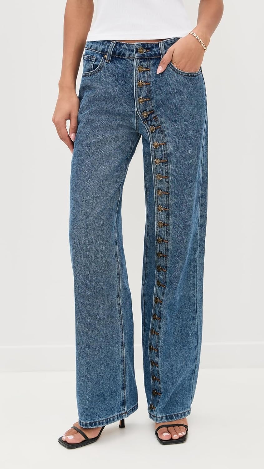 Casual Button High Waisted Straight Leg Denim Pants