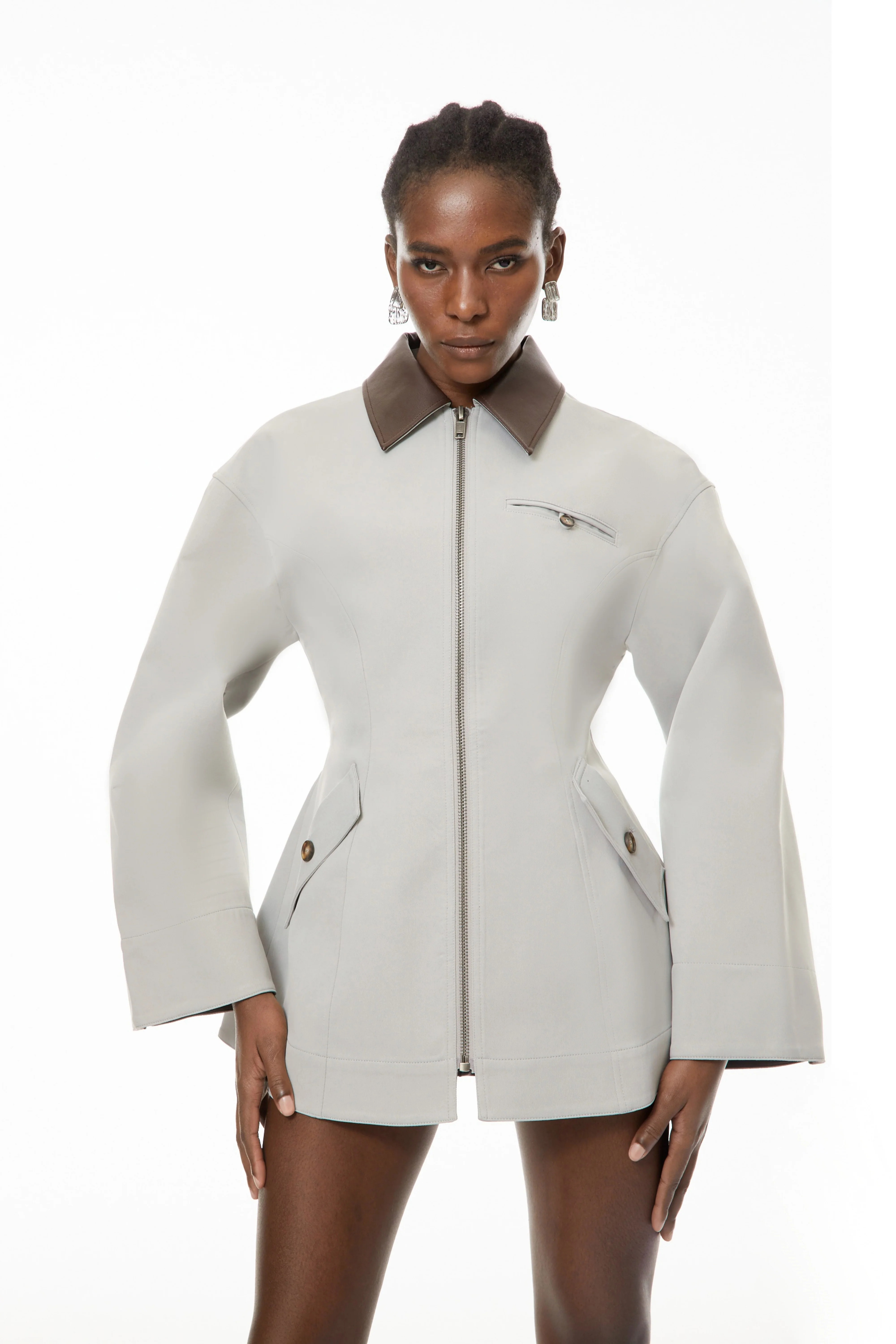 Vilma Grey Leather Collar Hunting Jacket