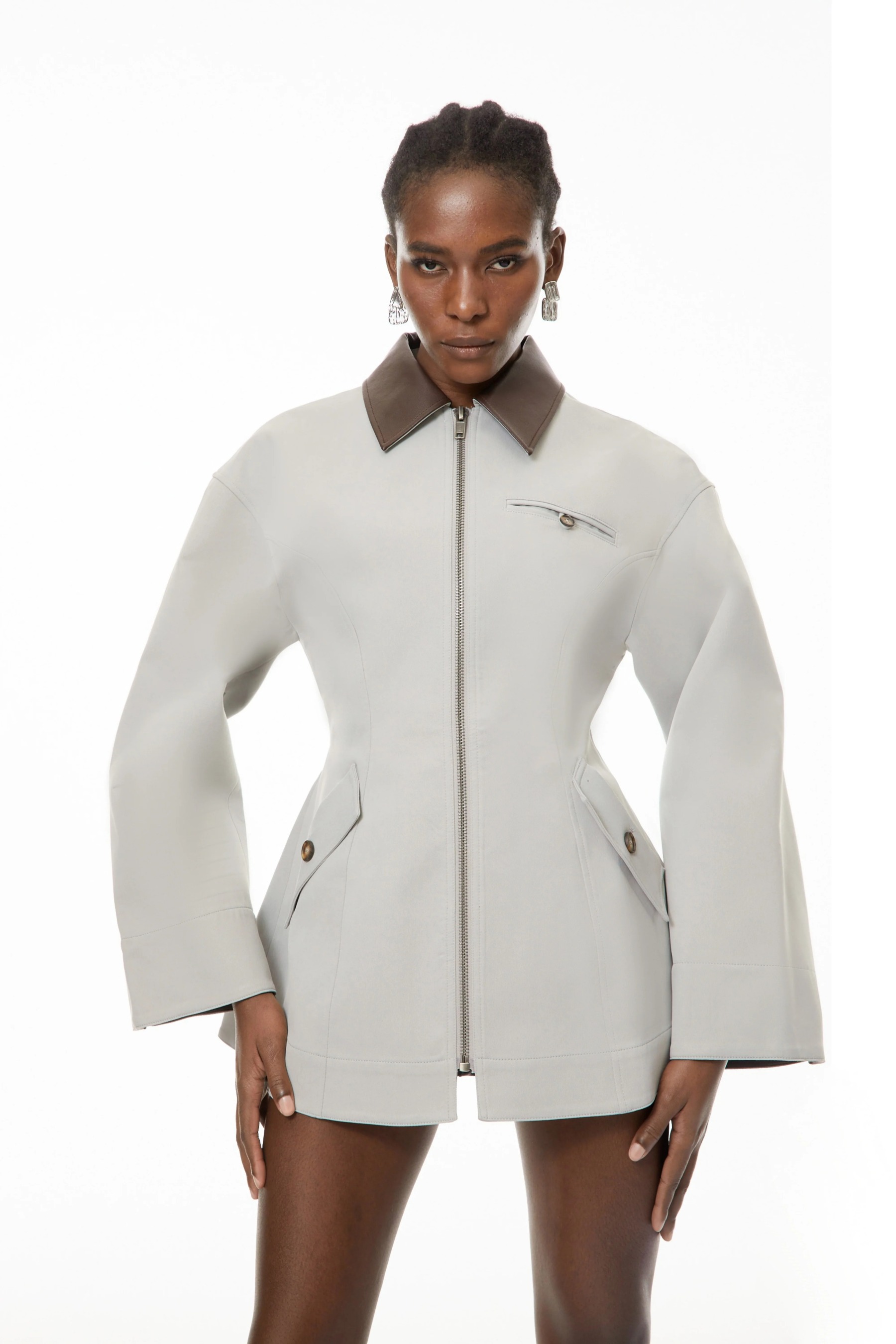 Vilma Grey Leather Collar Hunting Jacket