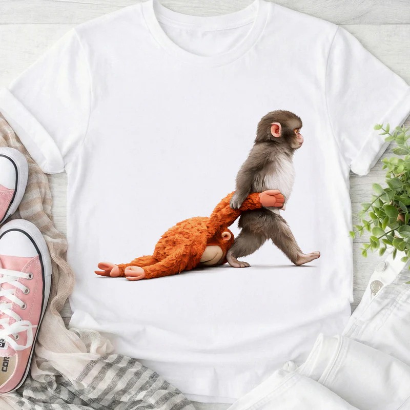 Baby Monkey Punch Graphic T-Shirt Baby Monkey Holding Plush Toy