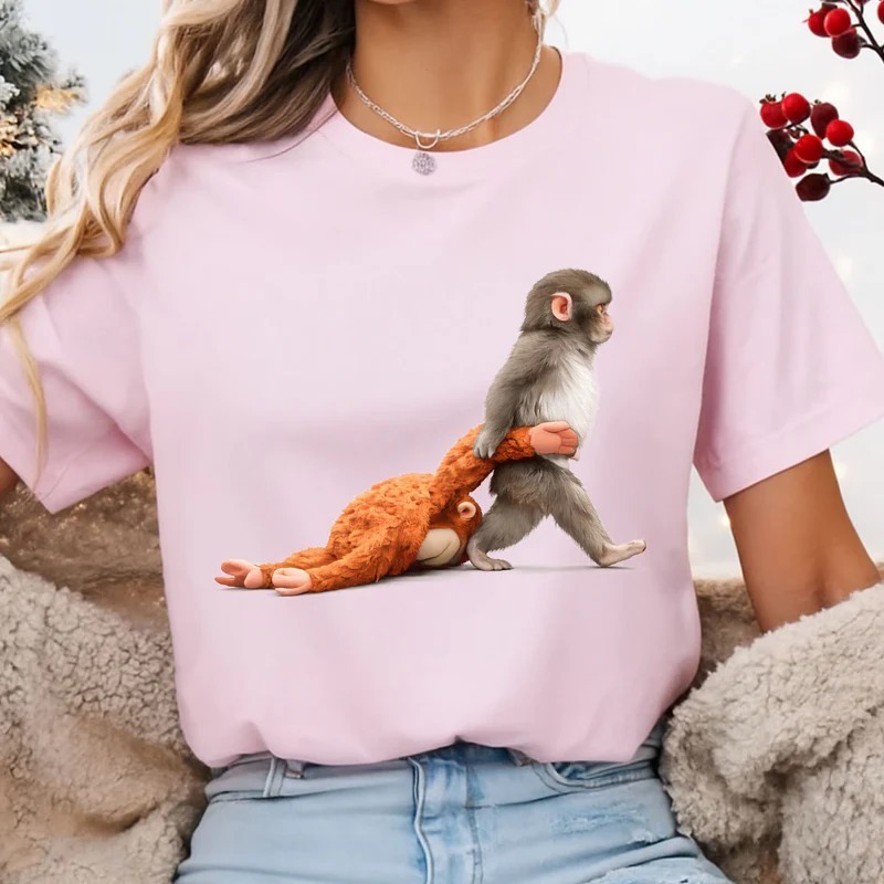 Baby Monkey Punch Graphic T-Shirt Baby Monkey Holding Plush Toy