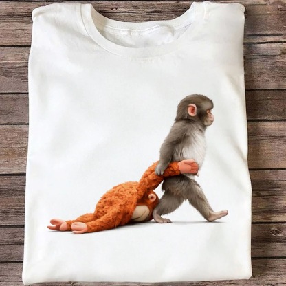 Baby Monkey Punch Graphic T-Shirt Baby Monkey Holding Plush Toy