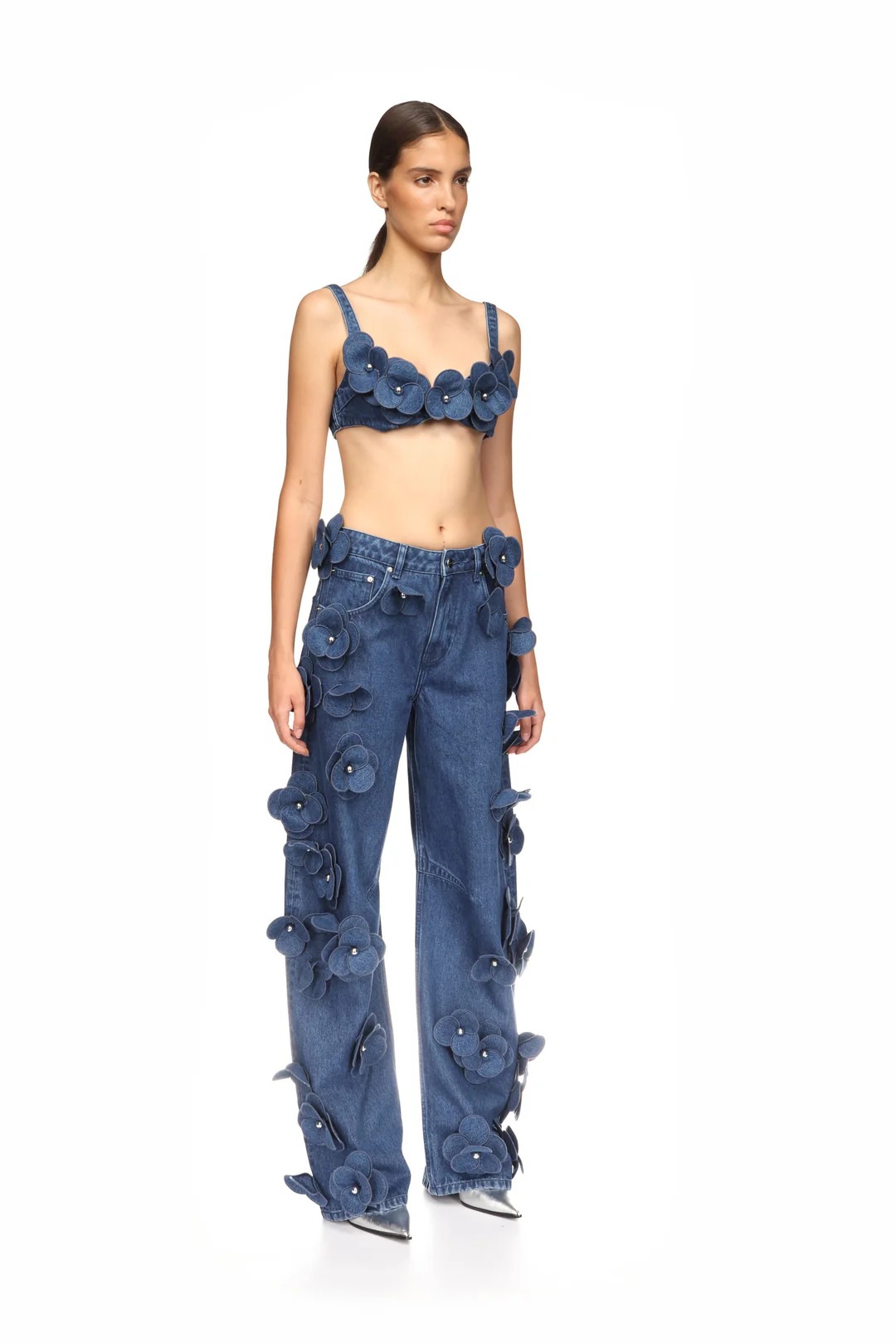 3D Flower Denim Suit - Bra Jeans & Jacket