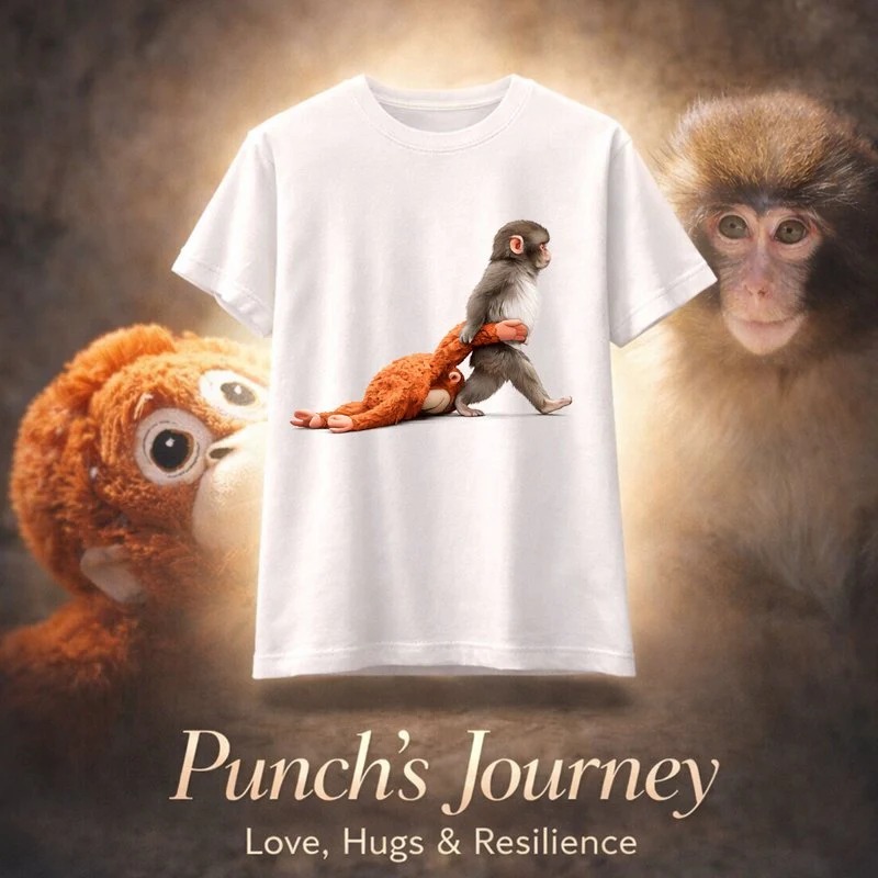 Baby Monkey Punch Graphic T-Shirt Baby Monkey Holding Plush Toy