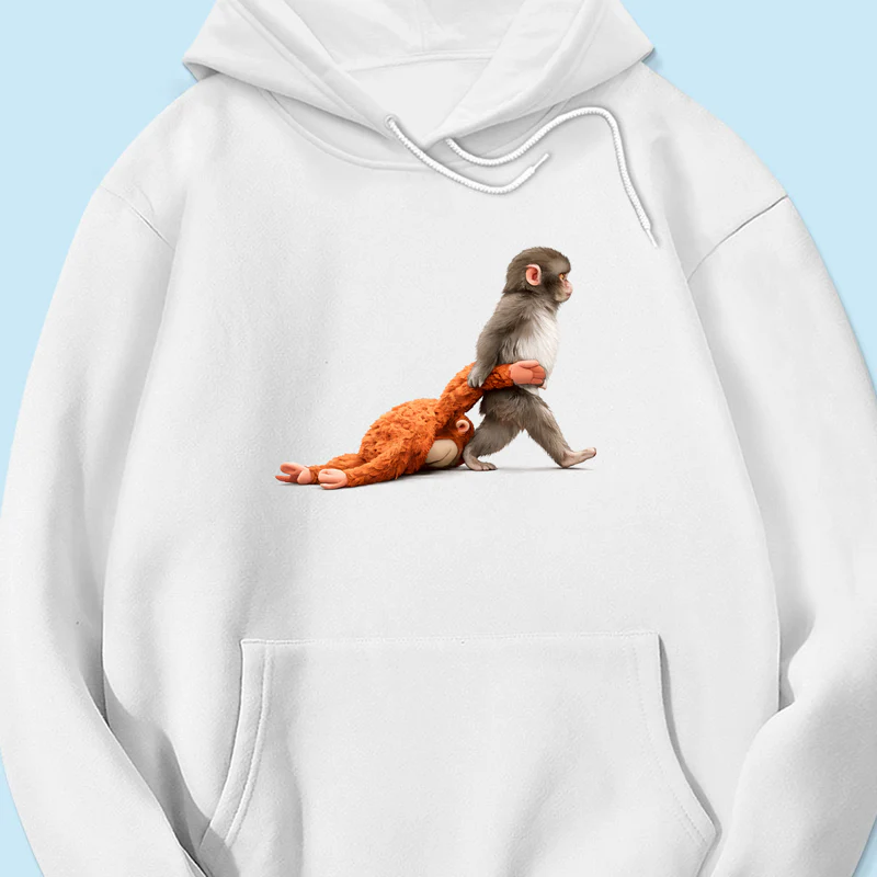 Baby Monkey Punch Graphic T-Shirt Baby Monkey Holding Plush Toy