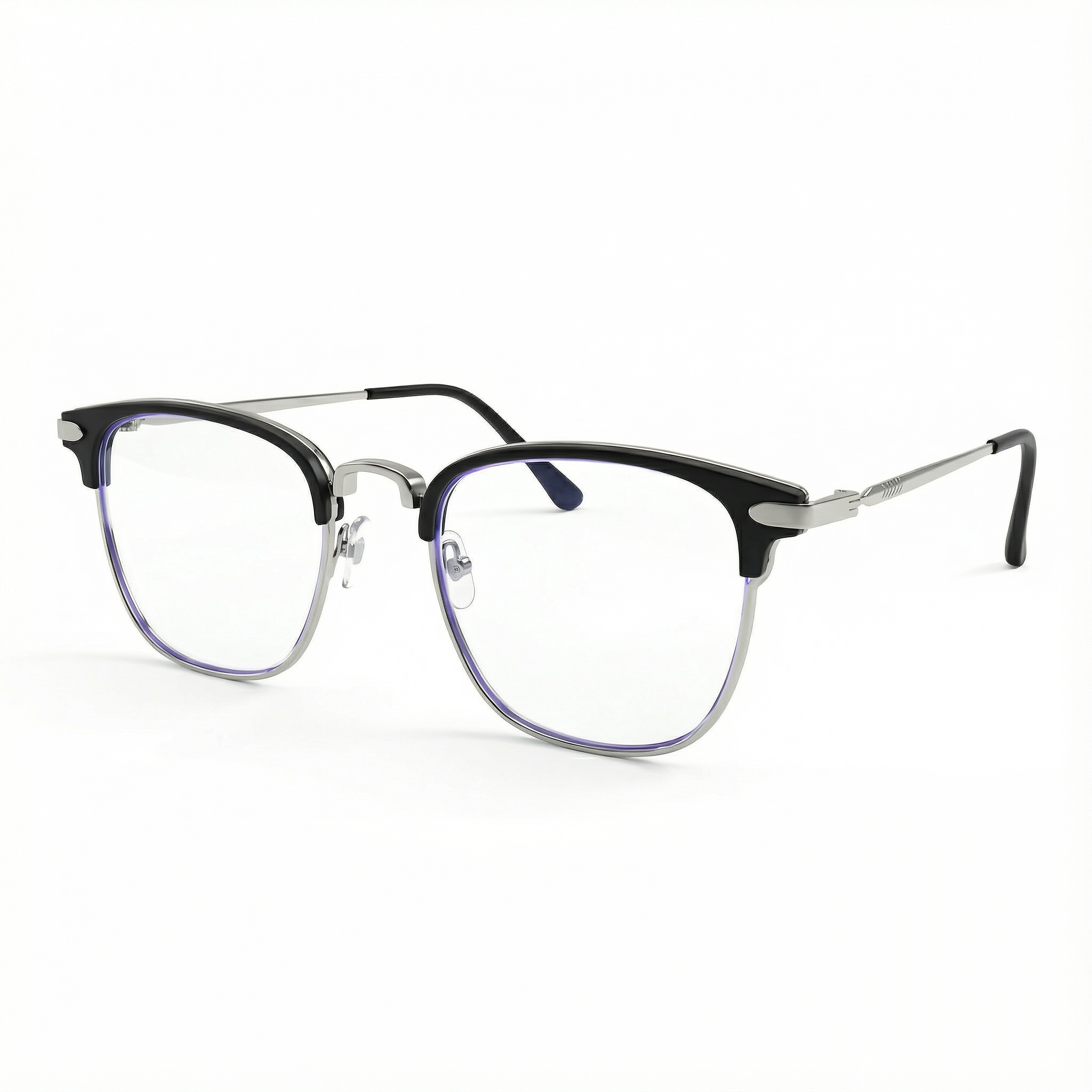 Gafas cuadradas negras de media montura con filtro de luz azul