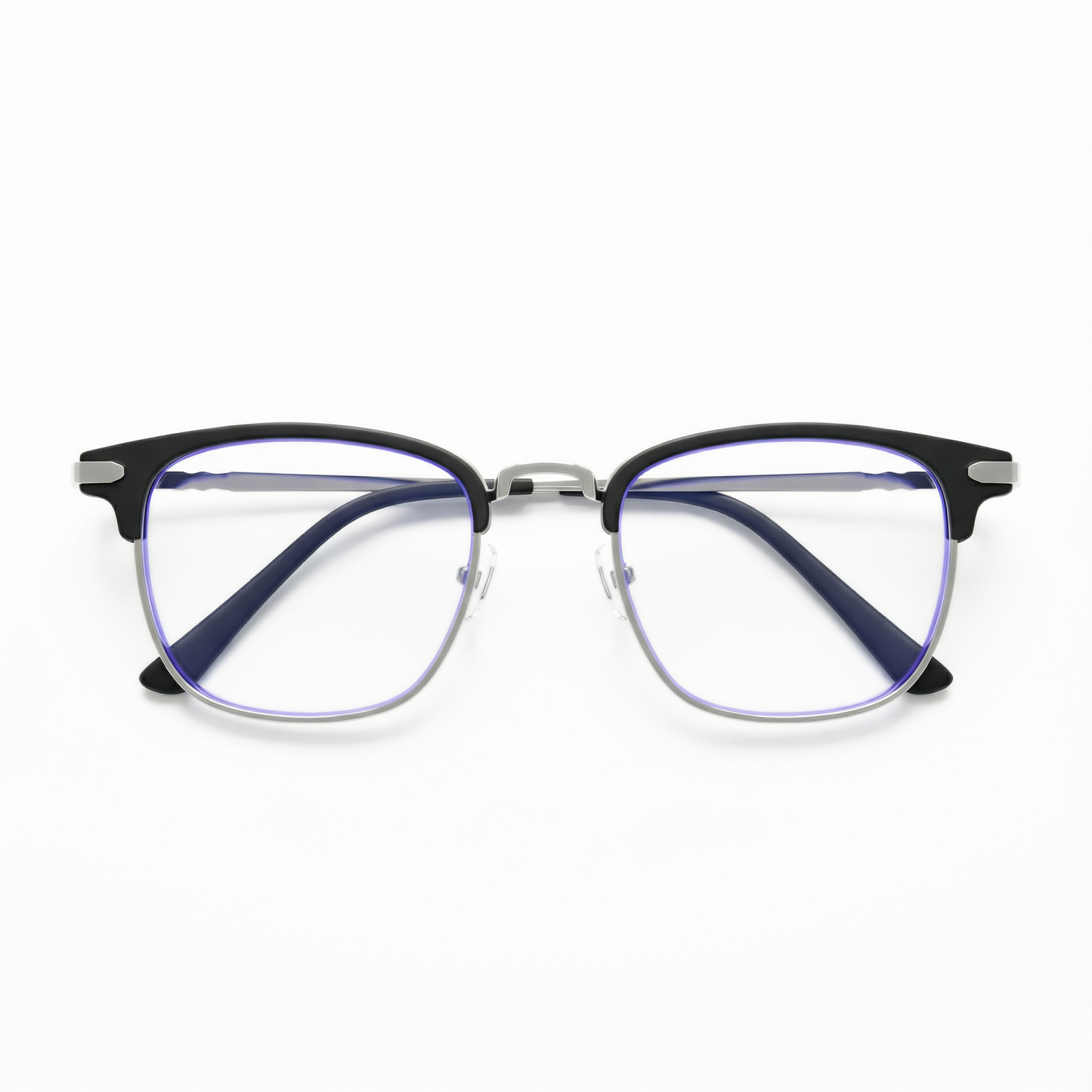 Gafas cuadradas negras de media montura con filtro de luz azul