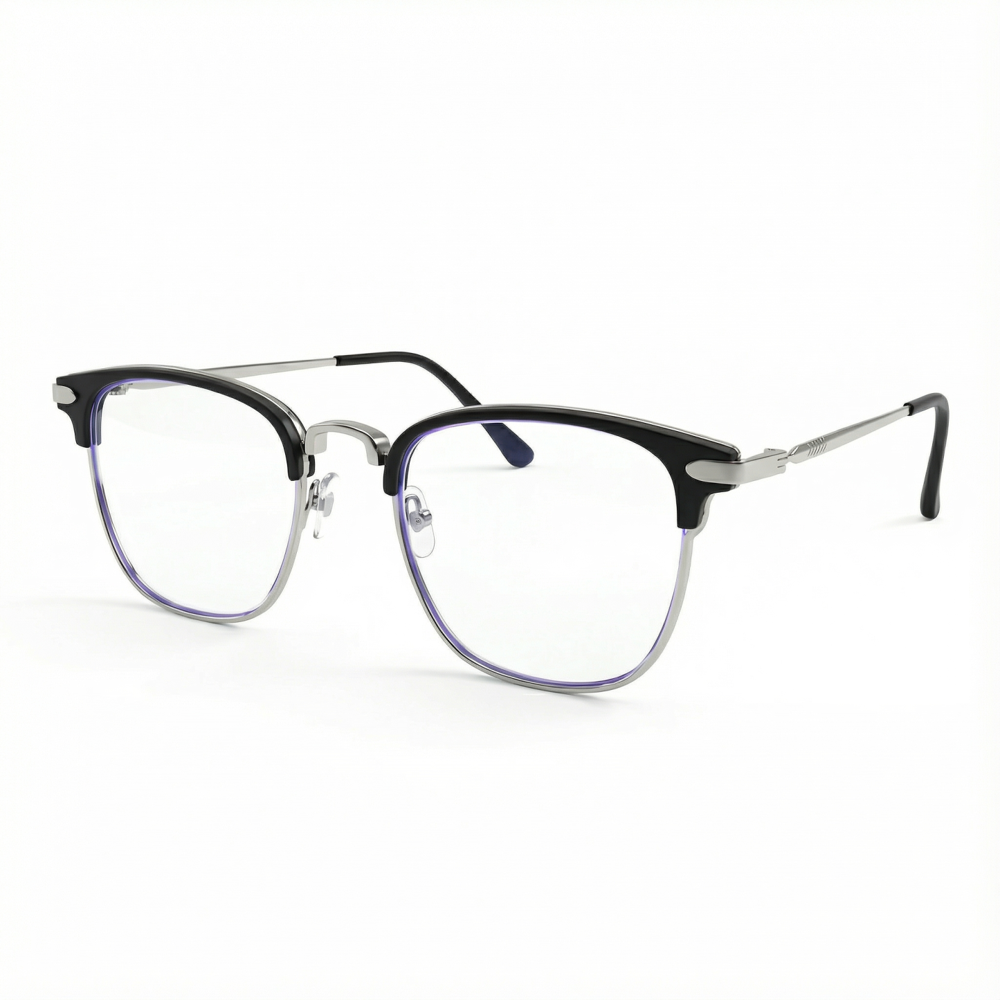 Gafas cuadradas negras de media montura con filtro de luz azul