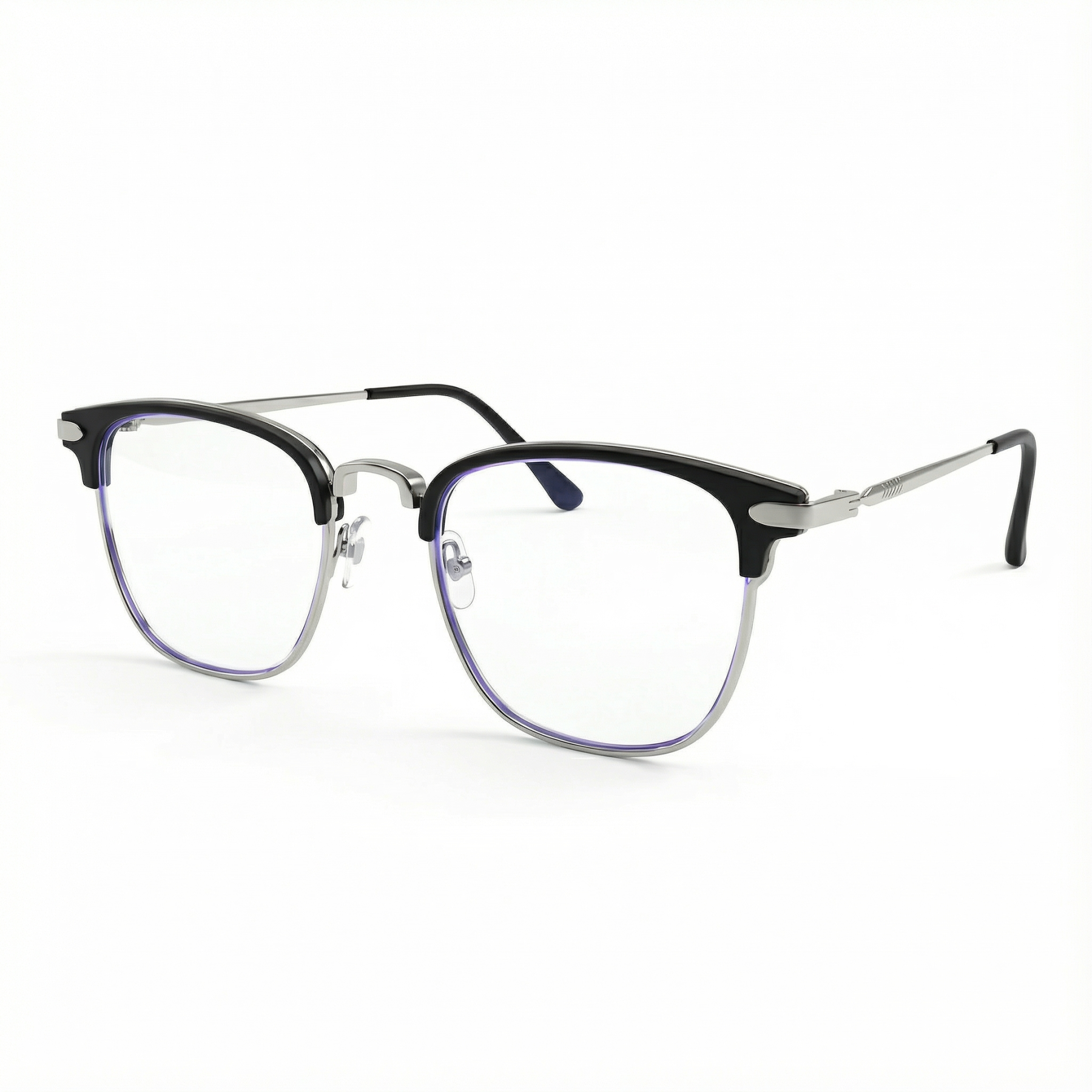 Gafas cuadradas negras de media montura con filtro de luz azul