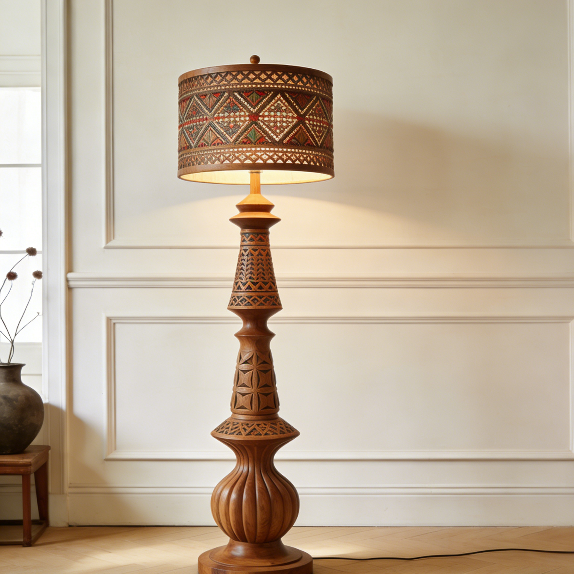 Cylindryczna lampa stojąca z drewnianą rzeźbą