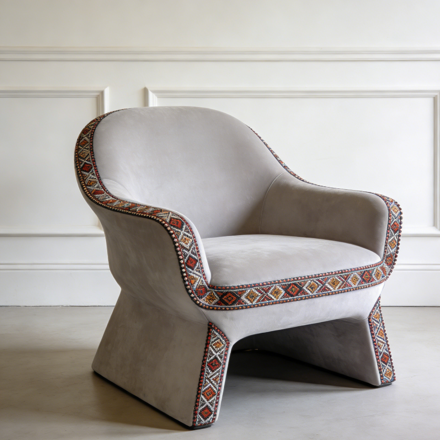 Fotel tapicerowany o łukowatym kształcie