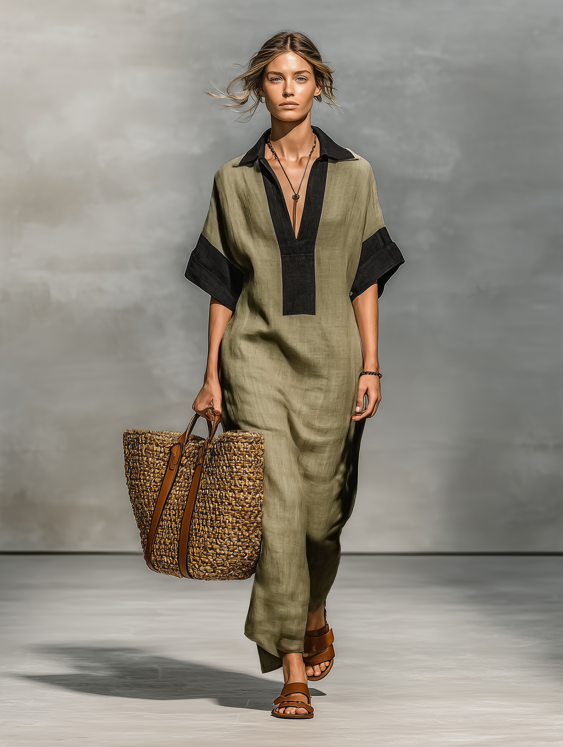 Women's Minimalist Linen Blend Color-blocked Short-sleeved Maxi Dress MDZ0917A4Y