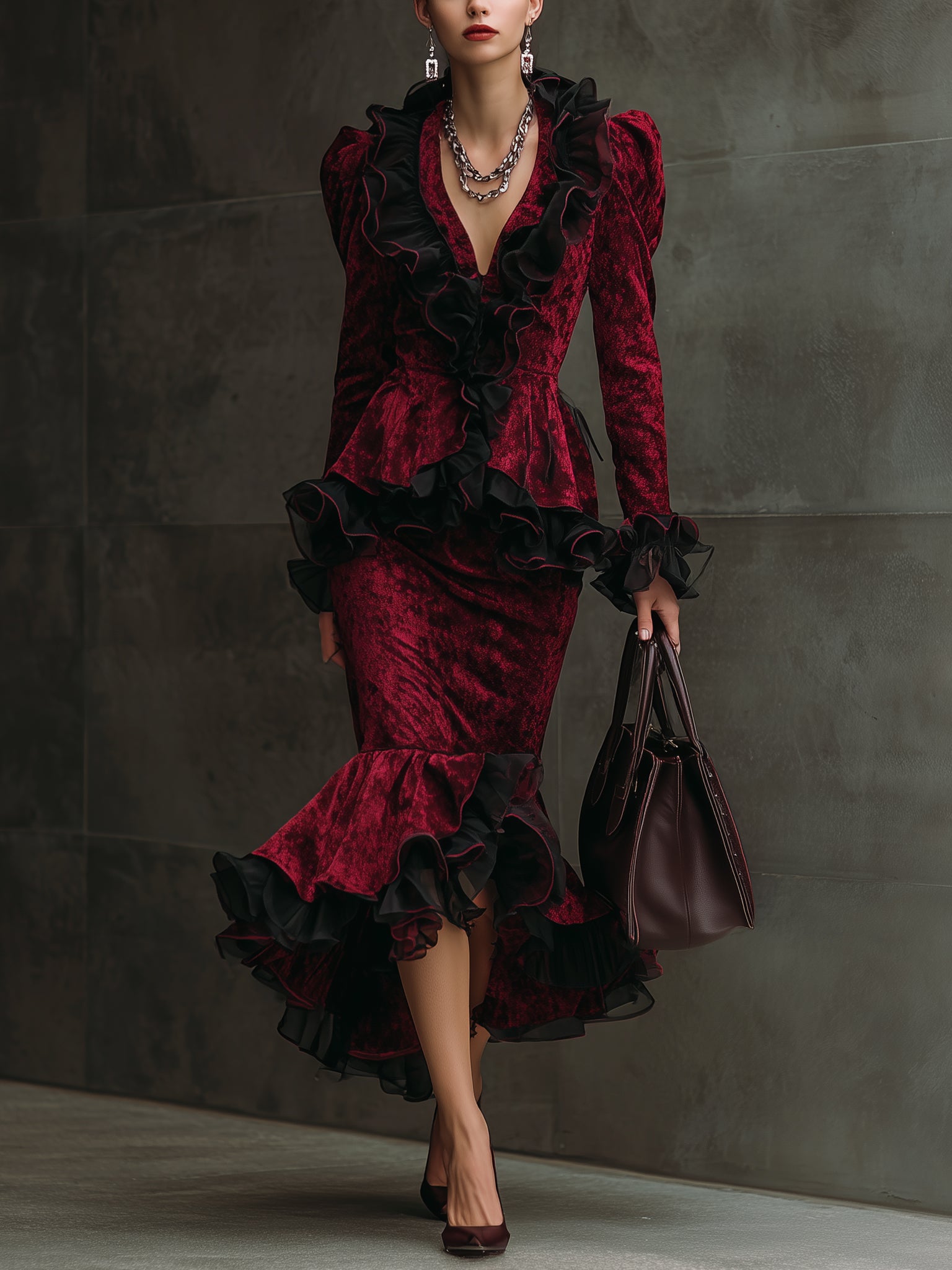 Burgundy Velvet Ruffle Chiffon Long Sleeve Midi Dress